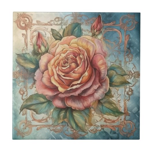 ヴィンテージ水彩ピンクローズ装飾枠 タイル (正面)
