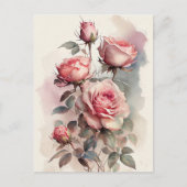 ヴィンテージ水彩ピンクローズ ポストカード (正面)
