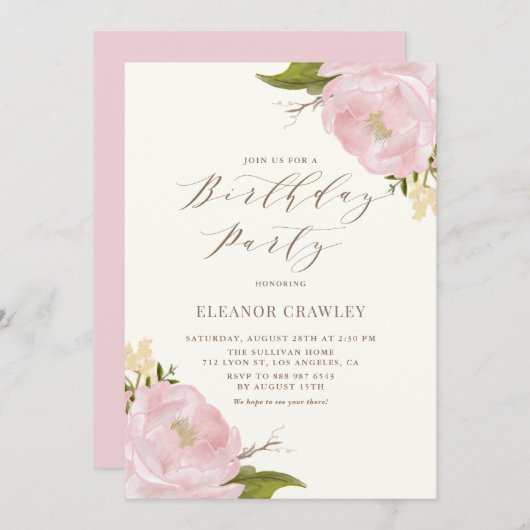 ヴィンテージ水彩ピンク牡丹バースデーパーティー 招待状 (正面/裏面)