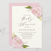 ヴィンテージ水彩ピンク牡丹ベビーブシャワー 招待状 (正面/裏面)
