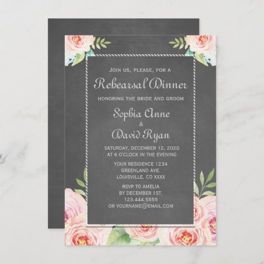 ヴィンテージ水彩フラワーチョークリハーサルディナー 招待状 (正面/裏面)