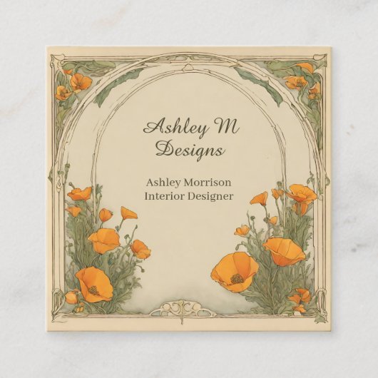 ヴィンテージ水彩フローラアールヌーボーポピー スクエア名刺 (正面)