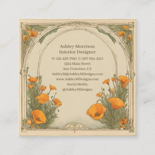 ヴィンテージ水彩フローラアールヌーボーポピー スクエア名刺 (裏面)