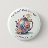 ヴィンテージ水彩フローラティーポットナショナルホットティー 缶バッジ (正面)