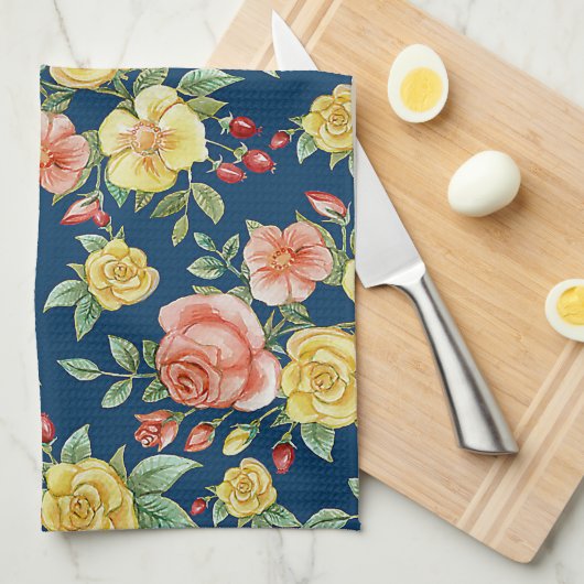 ヴィンテージ水彩フローラバラ背景 | キッチンタオル (四つ折り)