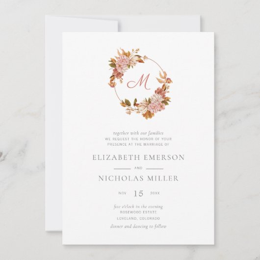 ヴィンテージ水彩フローラモノグラム結婚ズ 招待状 (正面)