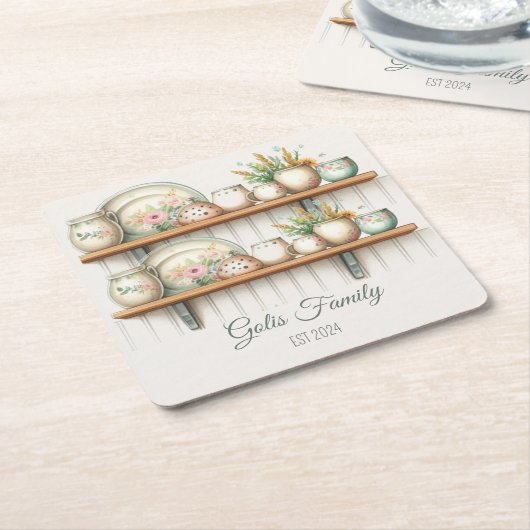 ヴィンテージ水彩フローラ皿を棚に スクエアペーパーコースター (アングル)