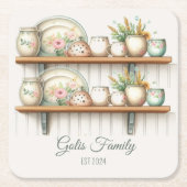 ヴィンテージ水彩フローラ皿を棚に スクエアペーパーコースター (正面)