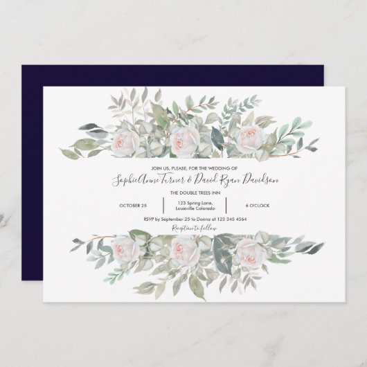 ヴィンテージ水彩ホワイトフラワーフレーム結婚ズ 招待状 (正面/裏面)