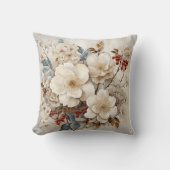 ヴィンテージ水彩ホワイトフラワーレッドベリー クッション (正面)