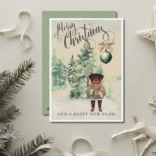 ヴィンテージ水彩ロットワイラー犬のホリデーカード シーズンカード