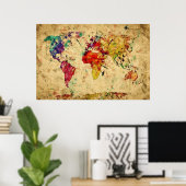 ヴィンテージ水彩ワールドマップ ポスター (ホームオフィス)