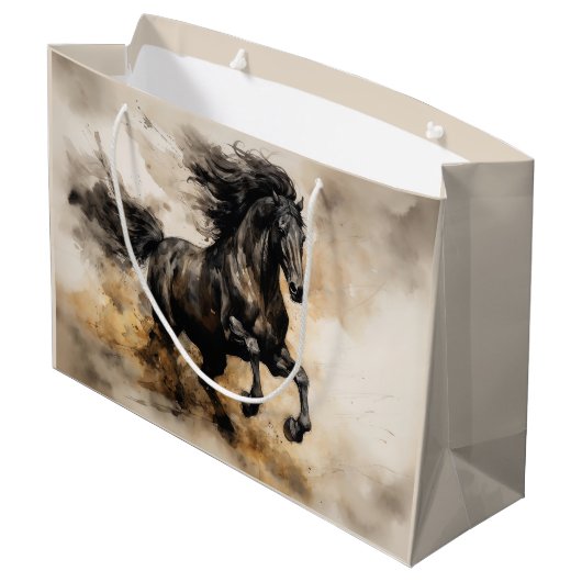 ヴィンテージ水彩威厳のある黒スタリオン ラージペーパーバッグ (裏面アングル)