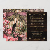 ヴィンテージ水彩孔雀と花キンセアニェラ 招待状 (正面/裏面)