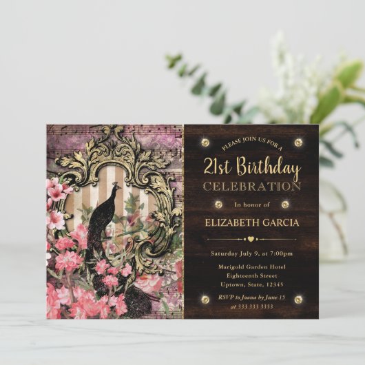ヴィンテージ水彩孔雀と花誕生日 招待状 (スタンド正面)