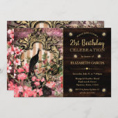 ヴィンテージ水彩孔雀と花誕生日 招待状 (正面/裏面)