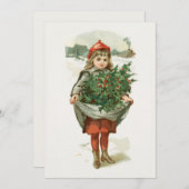 ヴィンテージ水彩少女運の木のクリスマス シーズンカード (正面/裏面)
