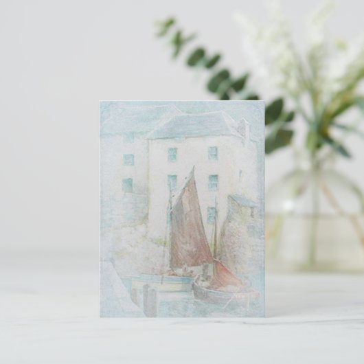 ヴィンテージ水彩帆船インザハーバー ポストカード (スタンド正面)