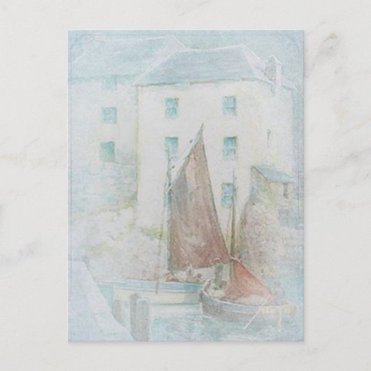 ヴィンテージ水彩帆船インザハーバー ポストカード (正面)