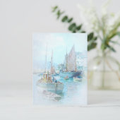 ヴィンテージ水彩帆船インザハーバー ポストカード (スタンド正面)