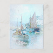 ヴィンテージ水彩帆船インザハーバー ポストカード (正面)
