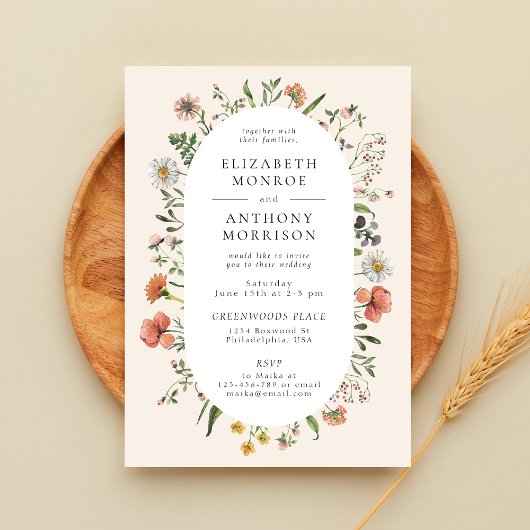 ヴィンテージ水彩春ワイルドフラワーオーバル結婚ズ 招待状