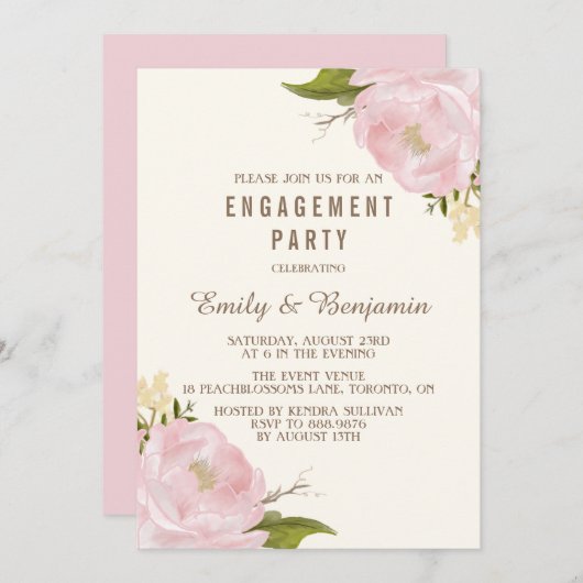 ヴィンテージ水彩牡丹婚約パーティ 招待状 (正面/裏面)