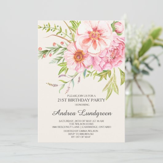 ヴィンテージ水彩牡丹誕生日招待状 招待状 (スタンド正面)