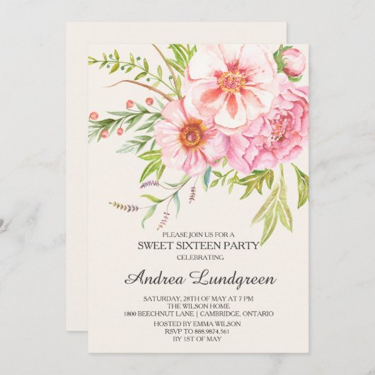 ヴィンテージ水彩牡丹Sweet sixteen招待状 招待状 (正面/裏面)