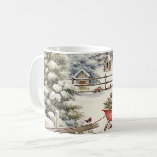 ヴィンテージ水彩画の森のクリスマスツリーカスタム コーヒーマグカップ (正面左)