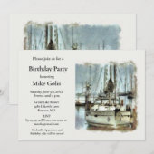 ヴィンテージ水彩画の船の男性の誕生日 招待状 (正面/裏面)