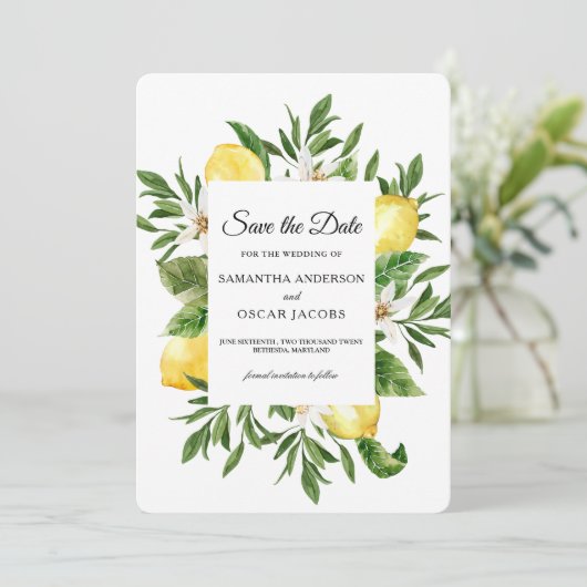 ヴィンテージ水彩画の黄色いレモンと葉のフレーム セーブザデート (スタンド正面)