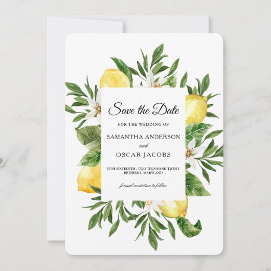 ヴィンテージ水彩画の黄色いレモンと葉のフレーム セーブザデート (正面)