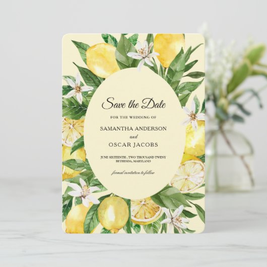 ヴィンテージ水彩画の黄色いレモン フレーム セーブザデート (スタンド正面)