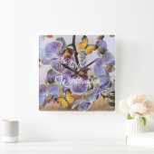 ヴィンテージ水彩白紫ピンクランフラワー スクエア壁時計 (ホーム)