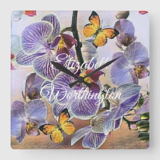 ヴィンテージ水彩白紫ピンクランフラワー スクエア壁時計 (正面)