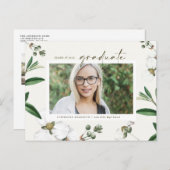 ヴィンテージ水彩白花写真卒業 インビテーションポストカード (正面/裏面)