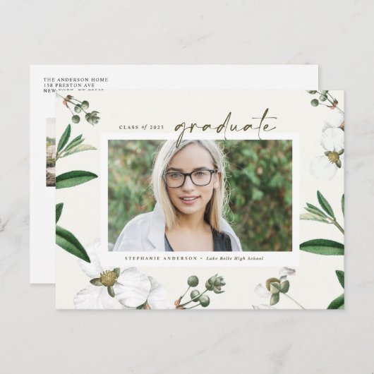 ヴィンテージ水彩白花写真卒業 インビテーションポストカード (正面/裏面)