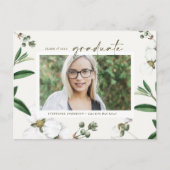 ヴィンテージ水彩白花写真卒業 インビテーションポストカード (正面)