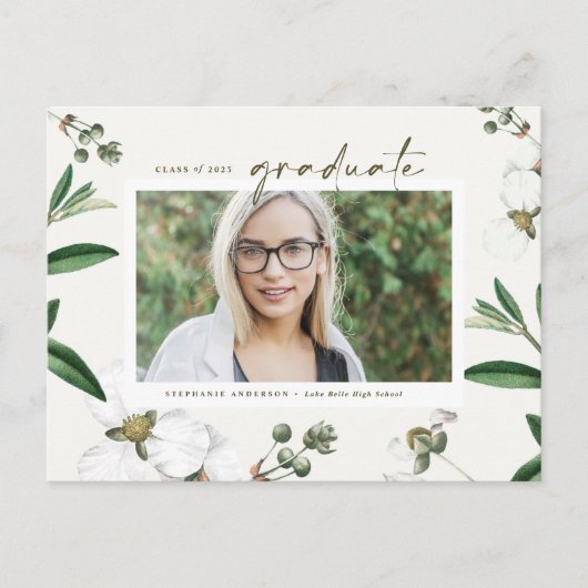 ヴィンテージ水彩白花写真卒業 インビテーションポストカード (正面)