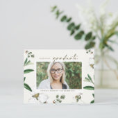 ヴィンテージ水彩白花写真卒業 インビテーションポストカード (スタンド正面)