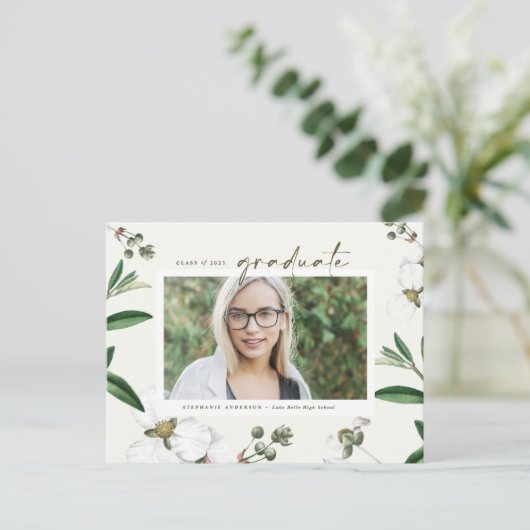 ヴィンテージ水彩白花写真卒業 インビテーションポストカード (スタンド正面)