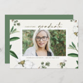 ヴィンテージ水彩白花写真卒業 招待状 (正面/裏面)