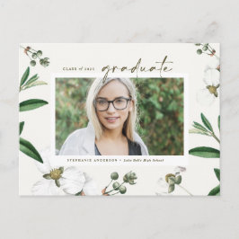 ヴィンテージ水彩白花写真卒業 案内ポストカード