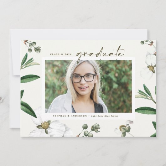 ヴィンテージ水彩白花写真卒業 案内状 (正面)