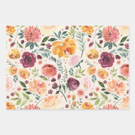 ヴィンテージ水彩秋の開花模様 ラッピングペーパーシート (正面3)