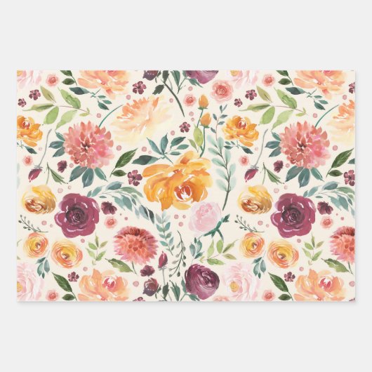 ヴィンテージ水彩秋の開花模様 ラッピングペーパーシート (正面)