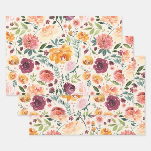 ヴィンテージ水彩秋の開花模様 ラッピングペーパーシート (セット)