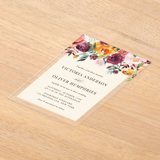 ヴィンテージ水彩秋開花フローラ アクリル招待状 (レイダウン)