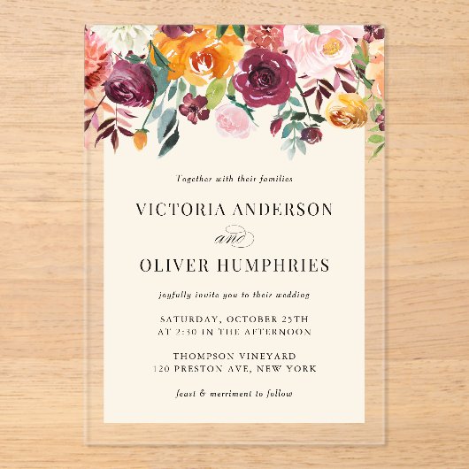 ヴィンテージ水彩秋開花フローラ アクリル招待状 (正面)